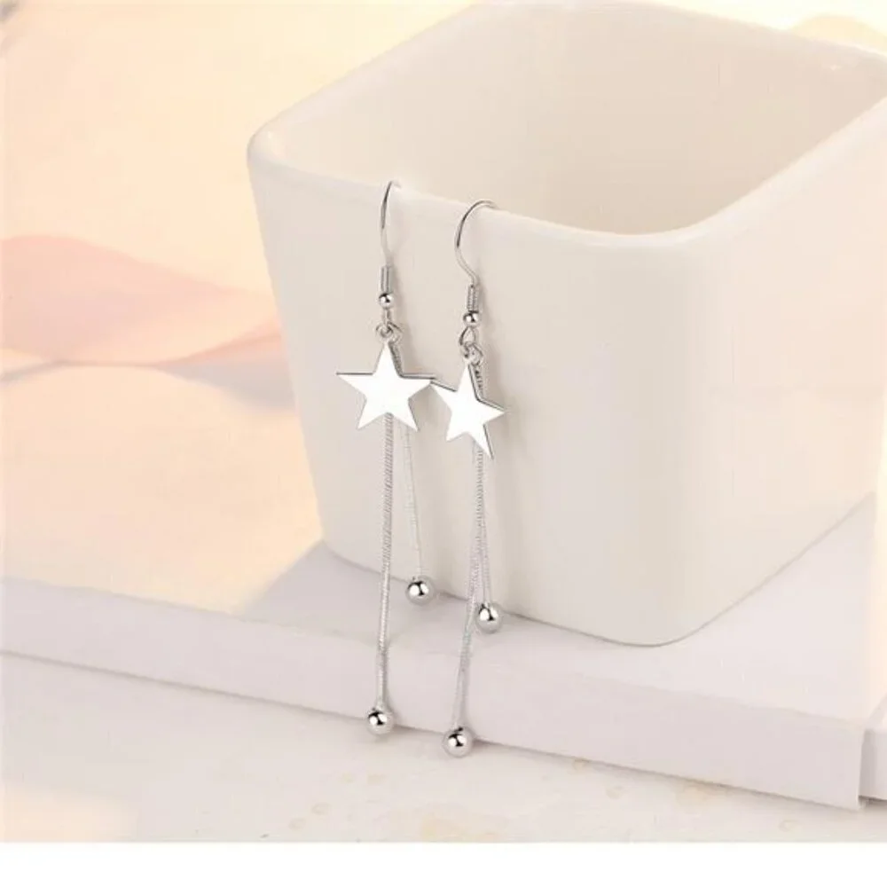 Silver Star Tassel Earrings 925 Sterling Luxury Bead for Women Fashion